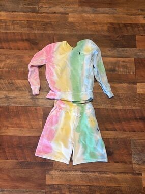 Ralph Lauren Tie-Dye Sweatshirt & Shorts Set - Pastel Rainbow Easter Kids Sz 7